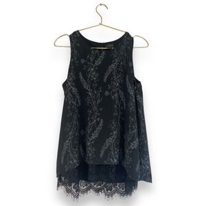 Worthington Petite S Black Floral Sleeveless‎ Lace Hem Blouse 0438
